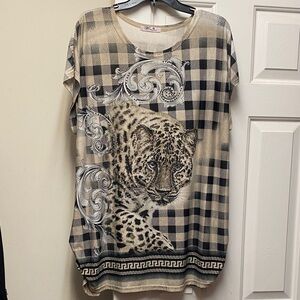 Leopard Print Checkered Top with rhinestones